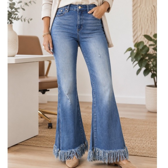 Tricot Denim - Tricot Womens High Rise Flare Jeans Medium Wash Frayed Fringe Hem Size 11/29